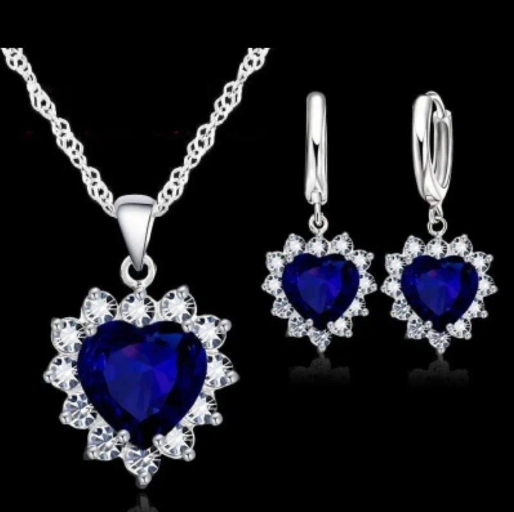 Blue Sapphire heart shaped jewelry set pendant necklace with earrings